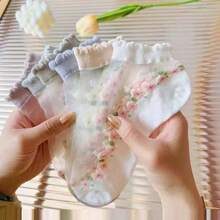 1/3/5/10雙白色女款玻璃纖維花卉圖案短襪，透氣超薄吸濕排汗，適合夏季 - 彩色 - 查看 1