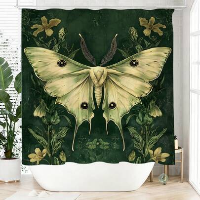 1pc Vintage Floral Moth Shower Curtain, Featuring Green Moths With An Intricate Green And Yellow Pattern, Earthy Daisies And Moths, And Includes 12 Hooks.