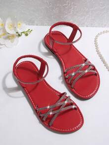 Giày sandal đế bằng hở mũi, quai chéo, co giãn, kiểu dáng mới mùa hè dành cho nữ, phong cách châu Âu và Mỹ. - Đỏ - Xem 7