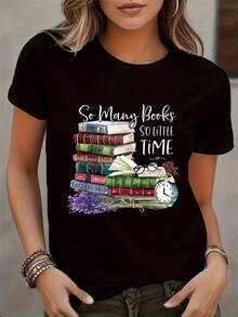Women's Casual Short-Sleeve T-Shirt - "So Many Books" Book Lover Print, Black Crew Neck Top With Floral And Clock Design, Machine Washable Regular Fit, Suitable For Daily Wear, Book Lover Gift, Themed Apparel, Durable Printed Shirt - màu đen - Xem 1