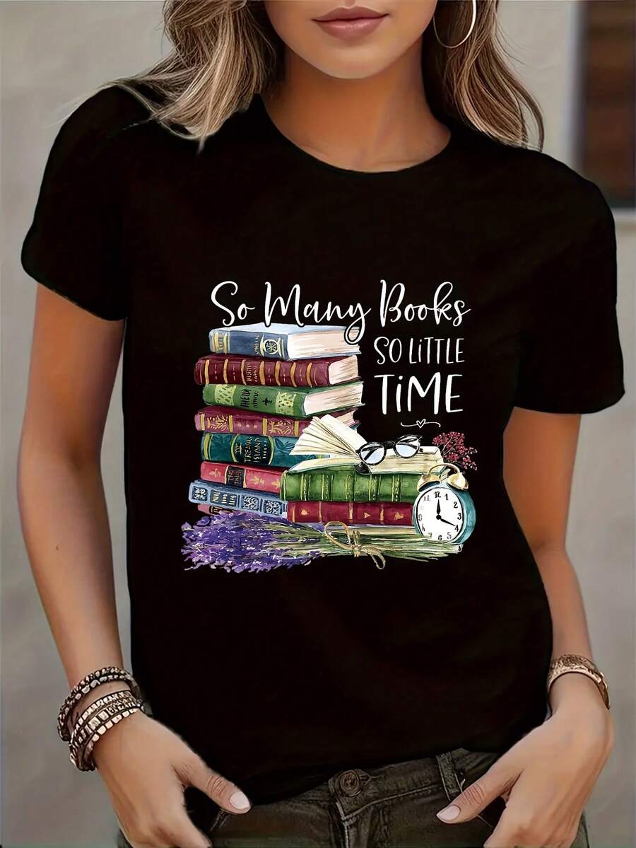 Women's Casual Short-Sleeve T-Shirt - "So Many Books" Book Lover Print, Black Crew Neck Top With Floral And Clock Design, Machine Washable Regular Fit, Suitable For Daily Wear, Book Lover Gift, Themed Apparel, Durable Printed Shirt - màu đen - Xem 1