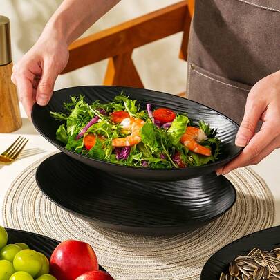 2/4pcs Creative Stone Texture Black Plastic Western Dinner Plates, Oval Shape High-End Tableware, Vintage Salad Bowls For Home & Hotel Use
