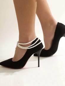 Elegant Sexy Faux Pearl Beaded Tassel Footpiece Women's Party Style Geometric Instep Chain Footpiece - White - View 1
