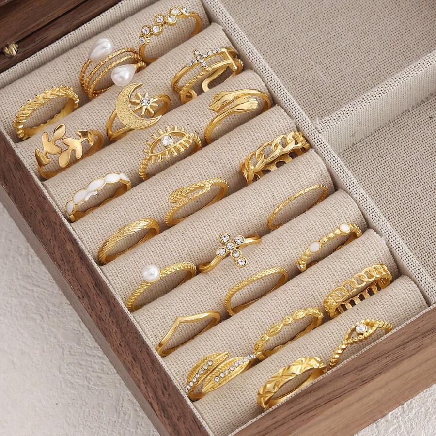 23 piezas Juego de anillos asimétricos en tono dorado, sin caja - Amarillo Oro - Ver 1