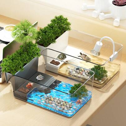 龟缸、桌面鱼缸、螃蟹缸、落地式高透明水族箱、干湿分离、模拟自然栖息地、两栖、带日光平台和喂食区、适用于爬行动物、易于清洁、龟缸、爬行动物繁殖箱、宠物爱好者