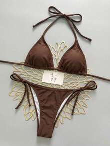 Bộ bikini tam giác màu nâu dành cho nữ, gồm áo và quần bikini buộc dây phía trước, hoàn hảo cho kỳ nghỉ hè, bãi biển và tiệc bể bơi. - Màu nâu Sô-cô-la - Xem 4