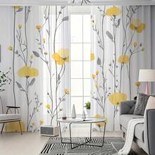 2 pièces Rideaux de tulle à fleurs jaunes aquarelle, avec des fleurs jaunes et des feuilles grises imprimées sur un fond blanc semi-transparent. Le tissu transparent en fait un choix idéal pour le salon ou la chambre à coucher. La conception avec passant ajoute une touche décorative fraîche et naturelle. - Multicolore - Voir 6