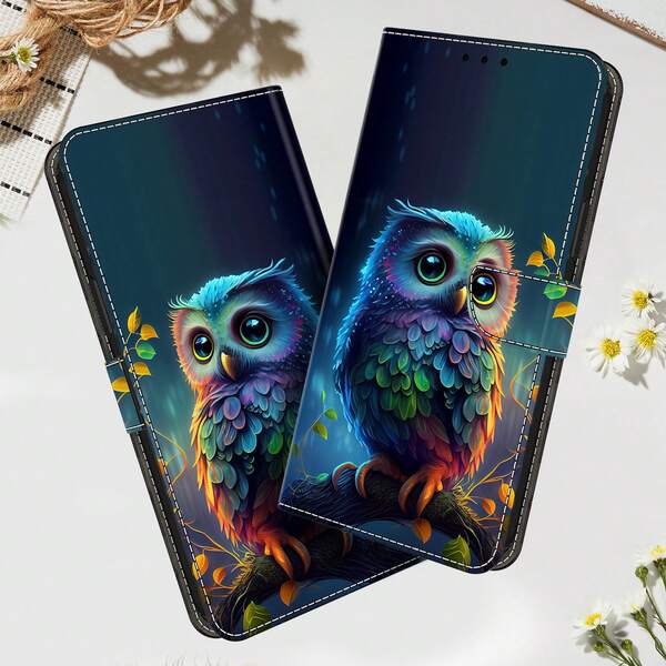 GLANDOTU Colorful Owl Pattern Leather Flip Cover Phone Case With Card Slot, Stand And Lanyard, Fits Multiple Phone Brands And Models
