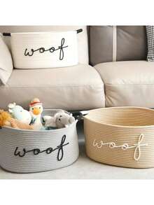 1pc Woven Rope Storage Basket With "WOOF" Embroidered Pattern - Pet Toy Organizer Basket, Suitable For Chew Toys, Blankets And Leashes, With Navy Blue Handle, Stackable Design, Personalized Pet Storage Basket For Cats And Dogs, Pet Gift - Multicolor - View 3