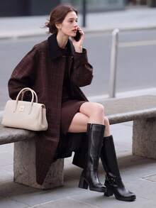 Botas altas de mujer con plataforma y tacón ancho, puntera cuadrada, cremallera lateral, correas ajustables con hebilla, decoración de moda, cómodas botas de motocicleta para mujer - Negro - Ver 3