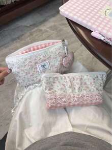 1 Fresh Pink Lace Floral Pencil Case (Excluding Heart-Shaped Keychain).Unique Style, Large-Capacity Stationery Storage Bag, Simple And Cute Makeup Bag.Student Stationery.Perfect Gift For The Back-To-School Season.An Ideal Choice For Students To Give Each Other As Gifts! - 彩色 - 查看 2