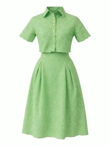 Women's Set: Shirt + Midi Skirt With Floral Embroidery, Elegant, Buttons Down Front, Vacation Style - 薄荷綠 - 查看 6