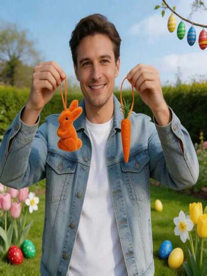 2件套复活节兔子和胡萝卜挂饰，迷你春季节日装饰，创意设计，采用优质植绒泡沫材料制成，适合室内外办公室派对，复活节礼物