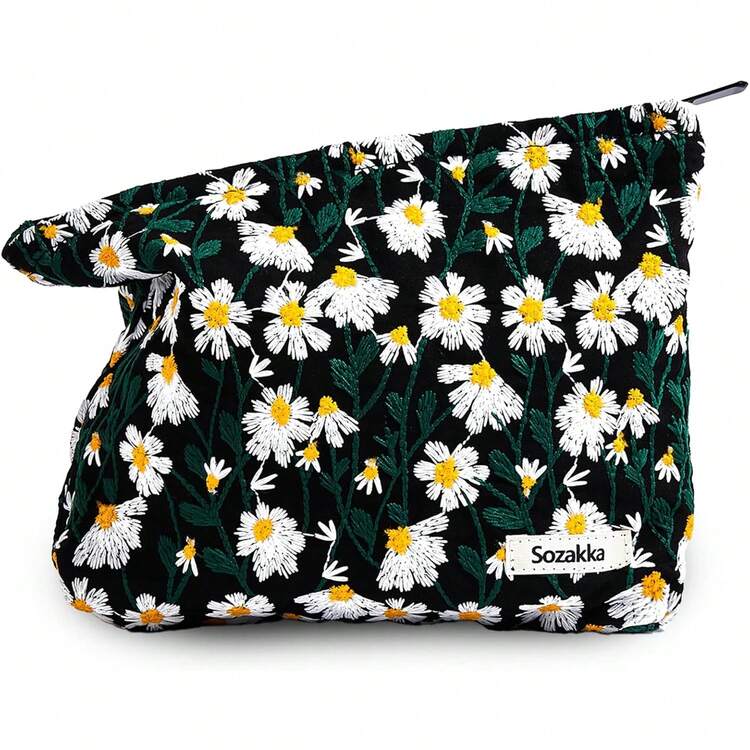 Bolsa de maquillaje de tela para cosméticos con cierre de lona para mujeres, color blanco, linda coqueta, grande, cartuchera preppy, organizador de aseo, accesorios de viaje - Rosado brillante - Añade 26