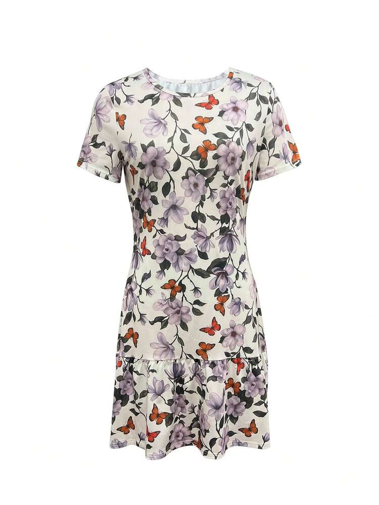 Tela de seda de leche con impresión digital de moda, material fresco de verano, adecuado para citas, hogar, vacaciones, campamento, playa, fotografía, baile, fiestas, compras, estilo de vacaciones de verano versátil. Vestido corto con diseño de volantes, estampado floral y de mariposa, elegante y romántico para la oficina, el té de la tarde, las citas, las compras, fresco y estilizador. - Blanco - Añade 5
