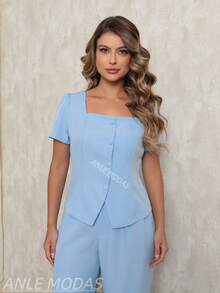 ANLE MODAS Women's Casual Elegant Blouse And Pants Set With Buttons At The Front, Tailored Pockets, Twill - 淺藍色 - 查看 4