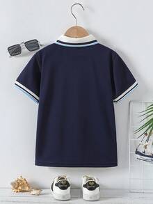 Boys' Collared Short Sleeve Polo Shirt, School Style, Summer - Navy Blue - View 2