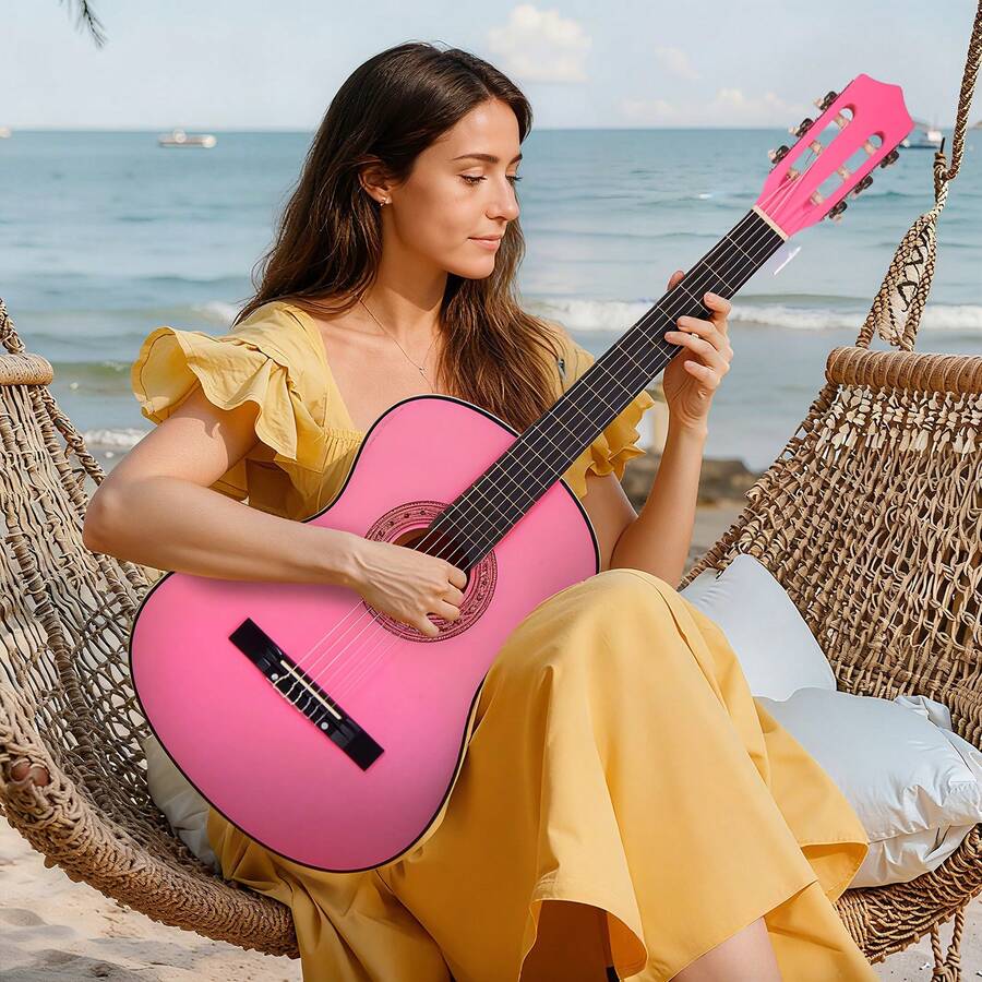 Konzertgitarre, 780 mm Holz-Klassikgitarren-Starter-Set für Anfänger, mit Nylonsaiten, Gigbag, Gurt, Stimmgerät, zusätzlichen Saiten, Plektren, Kapodaster, Linde, für Einsteiger, Studenten, Pink - 780 mm (Rosa) - Übersicht 1