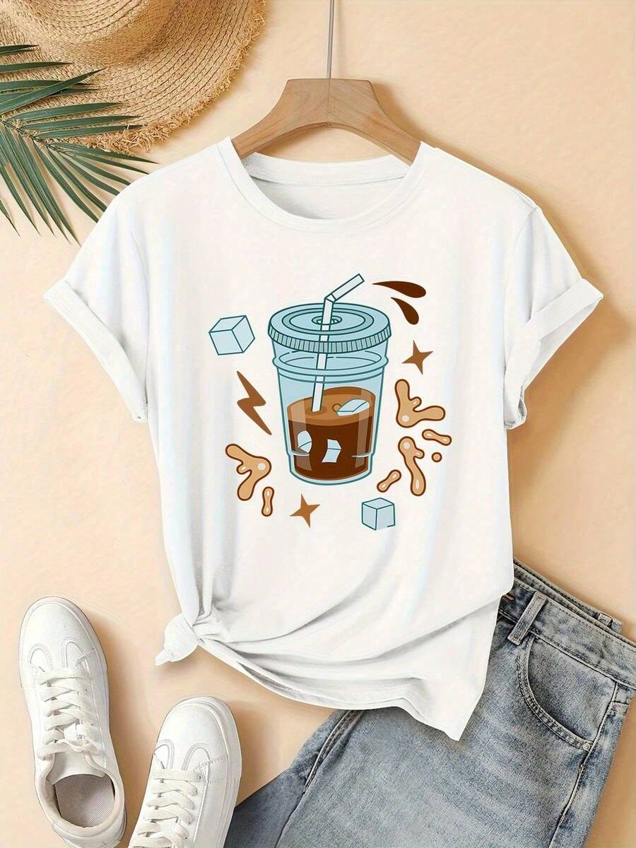 Women's Casual Short Sleeve Graphic T-Shirt - Playful Iced Coffee Cup Print, Black With Teal & Orange Accents, Lightweight Round Neck Summer Top, Machine Washable For Vacation, Sports & Casual Attire, Ladies T Shirts, Vacation Clothing, Comfortable Fit Shirt - White - View 1