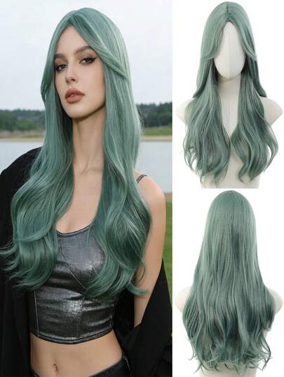 24Inch Long Wavy Light Green Wigs For Women,Middle Part Synthetic Heat Resistant Hair With Curtain Bangs For Daily Party,Valentine's Day,Easter,St Patricks Day Women