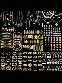 17KM 35件/54件/86件/91件 精选优雅星形、心形、蝴蝶结、花朵、仿珍珠、蝴蝶结耳环、戒指套装、项链套装、手链套装，适合女性、情侣、姐妹、夏季假期、日常佩戴、装饰、约会、聚会、派对/礼品 - 金黃色 - 查看 1