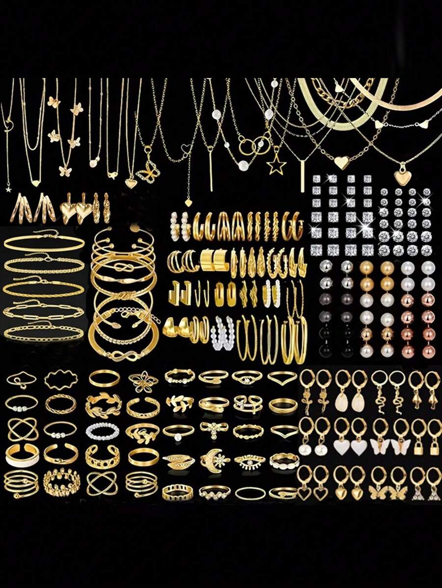 17KM 35件/54件/86件/91件 精选优雅星形、心形、蝴蝶结、花朵、仿珍珠、蝴蝶结耳环、戒指套装、项链套装、手链套装，适合女性、情侣、姐妹、夏季假期、日常佩戴、装饰、约会、聚会、派对/礼品 - 金黃色 - 查看 1