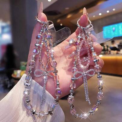 水晶蝴蝶装饰手机挂绳，精致串珠腕带，户外旅行购物防丢手机挂绳，时尚手机壳挂绳