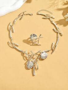 Bộ 2 món dây chuyền và nhẫn hợp kim hình nhánh cây bất đối xứng mới, phù hợp cho nữ giới đeo hàng ngày và trong các dịp lễ hội. - Bạc - Xem 4