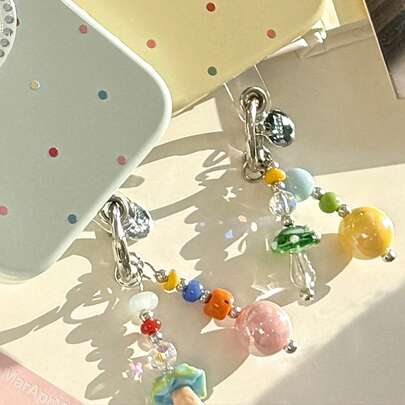 Minimalist Multi Element 1pc Summer Colorful Dopamine Beaded Lanyard Mushroom And Glass Beads Short Phone Strap Unisex Phone Charm Accessory Spring Gift