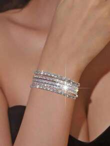 5pcs Glittering Rhinestone Beaded Elastic Bracelets Party Style Adjustable Stretchy Chain Bracelets, Ideal Women Gifts PILM - Bạc - Xem 2