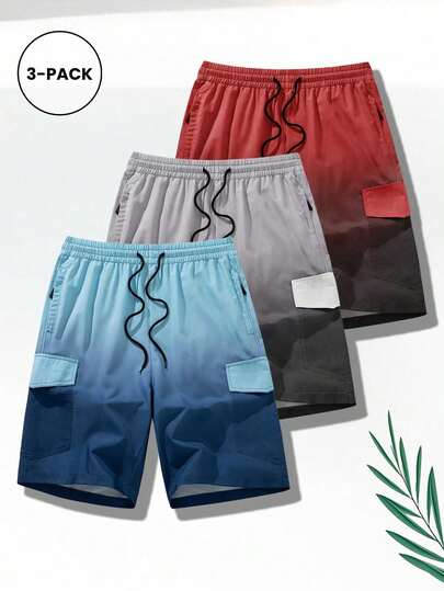 3pcs Men's Summer Casual Sports Shorts, Unisex Ombre Fashionable Multi-Pocket Cargo Bermuda Beach Shorts