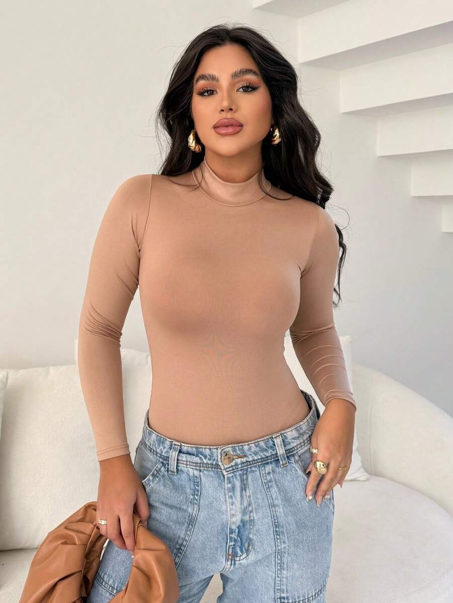 Women's Leotard Bodysuit High Neck Long Sleeve Second Skin Basic Versatile Fashion Blogger Blogger - Màu be - Xem 1