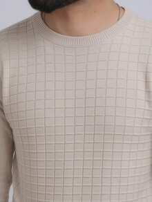 Men's Plain Square Knit Sweater, Round Neck, Long Sleeve, Thick Wool Sweater. - Khaki - View 3