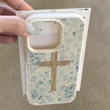 1pc TPU Material Elegant Fresh Blue Flower Cross Pattern Phone Case Suitable For IPhone 17 Pro Max/17/16 Pro Max/15/13/12/11, S20 FE/A15/S24/A55, Note 11/Note 12/Note 13 Pro, Full Coverage Anti-Drop Soft Protective Phone Cover - White - View 3