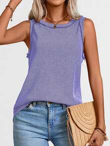 女士罗纹圆领吊带背心，夏季休闲款 - 寶藍色 - 查看 5