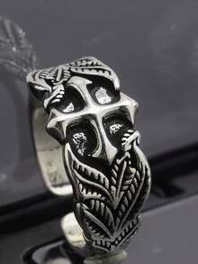Vintage Cross Ring For Men, Hip Hop Style Leaf Texture Knuckle Ring, High-End Imitation Thai Silver Open Ring - Antique Silver - View 4