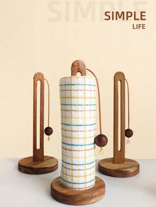 1pc Wooden Paper Towel Holder, Wall-Mounted Tissue Roll Dispenser, Cling Film Storage Rack For Kitchen Organization - Multicolor - View 1