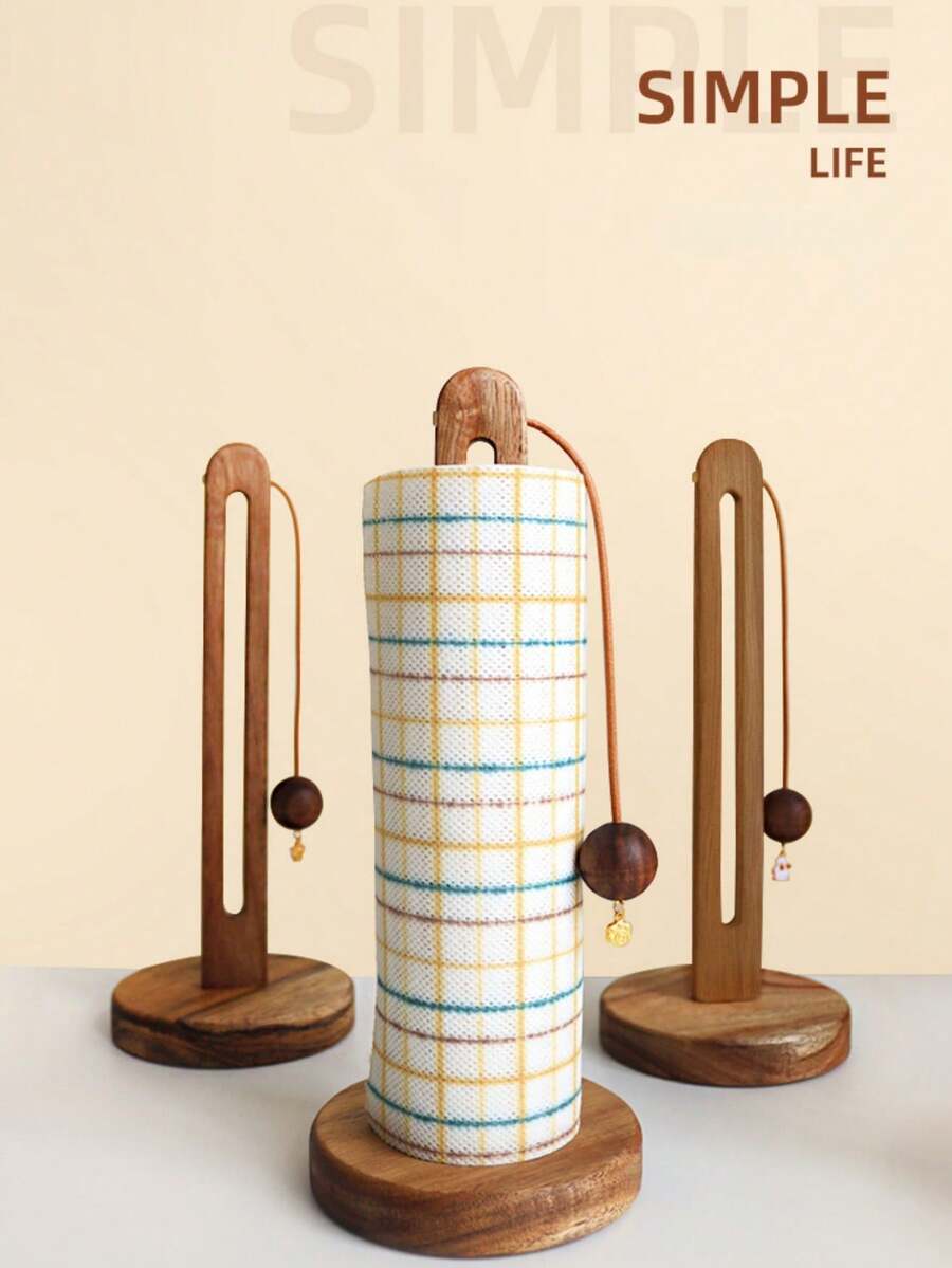 1pc Wooden Paper Towel Holder, Wall-Mounted Tissue Roll Dispenser, Cling Film Storage Rack For Kitchen Organization - Multicolor - View 1