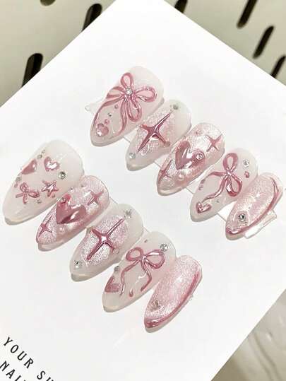 Y2K蝴蝶结亚克力美甲贴片10片装，中号杏仁形按压式美甲贴片，DIY艺术爱心/星星3D假指甲套装，含钻石配件，适用于美甲沙龙、女性日常佩戴、节日派对和送礼。