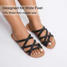 Wide Width Sandals For Women, Summer Flip Flops Flat Slide Sandals Casual Braided Wide Feet Slides Comfort Slip On Thong Womens Sandal. - 黑色 PU 780 - 查看 2