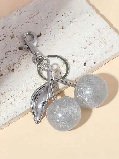 New Arrival Shiny Silver Cherry Pearl Pendant, Elegant Faux Pearl Pendant, Large Cherry Shaped Crystal Keychain Pendant, Shiny Cherry Shaped Keychain With Clip, Suitable For Bags, Shiny Resin And Metal Accessories, For Girl's Wallets And Handbags, Cherry Keychain, Cherry Bag Charm, Cherry Shaped Keychain Pendant Backpack Accessory