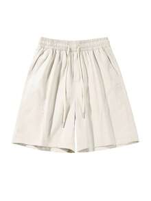1 chiếc quần short nam màu xanh hải quân có dây rút, đầu dây rút bằng kim loại, nhẹ, mềm mại, thoáng mát, chống nhăn, bền, kiểu quần Bermuda rộng rãi, thoải mái, thích hợp cho đi làm, đi chơi, thể thao mùa hè. - Màu be - Xem 2