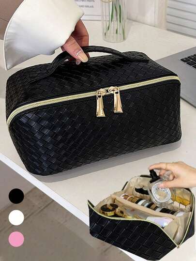 1件装假日旅行化妆包，大容量化妆包，便携式双层收纳整理包，防水洗漱包，PU皮革收纳包，可收纳口红、眉笔、化妆刷、手表等，旅行必备品，旅行配件，假日必备品，伴娘礼物，生日礼物，女士礼物，春季新品