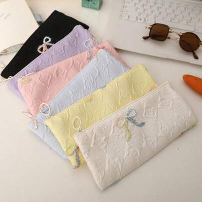Bowknot Stationery Pouch, Portable And Elegant Storage, Simple Design With Large Capacity Zipper, Suitable For School And Office Use