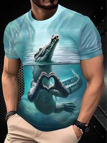 Camiseta de manga corta con estampado de cocodrilo para hombres, cuello redondo con estampado 3D, diseño exagerado para fiestas y uso de verano - Blanco - Ver 1