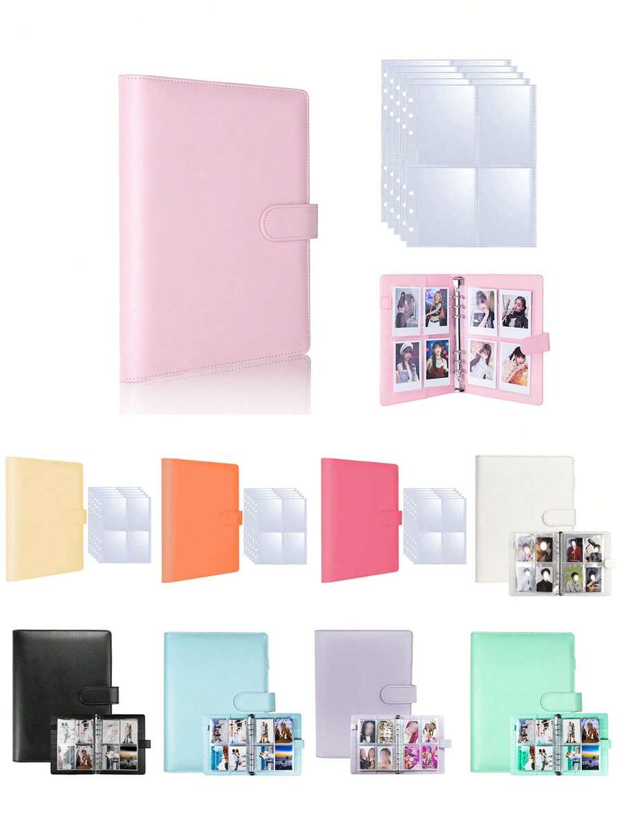 1Set (1Pc Casing With 25Pcs Inner Pages)/Only 25Pcs Replace Inner Pages/Only 50Pcs Replace Inner Pages - 6-Rings A5 PU Leather Loose-Leaf Photo Album Binder With 25 Inner Film Bags, Small Card Storage Book, DIY Card Collection Album Travel Journal,Elegant Rectangular Photo Organizer For Mini Film, Family, Anniversary, Graduation, Wedding, Handmade Scrapbook For Mini Movies, Family Photos, And Anniversary Pictures