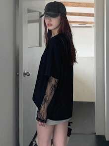 Star River Girl Lace Patchwork Long Sleeve Round Neck Loose Knit Black Top, Sexy Date Top For Spring/Summer, Valentine's Day Casual - 2A10 Black - KJ0264 - View 7