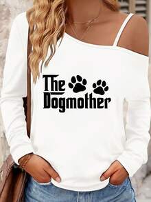 2026 New Style Off-Shoulder Camisole Vest For Women, Plus Size TopThe Dogmother Off - The - Shoulder Long - Sleeve Top With Paw Prints, Women's Casual Blouse For Dog Lovers, Layered Gold Necklaces & Denim Jeans Outfit Set, Outdoor Stone Wall Style TopEveryday Versatile And Comfortable Spring/Summer Clothing - 白色 - 查看 7