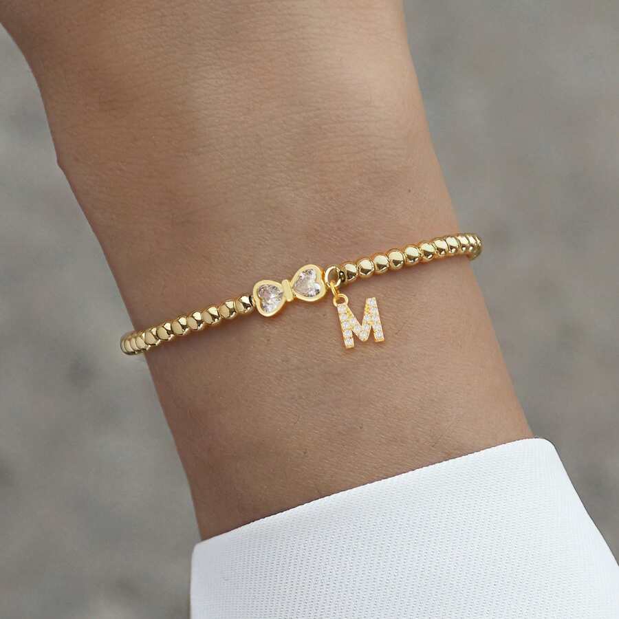 1pc New Classic Initial Bowknot Golden Adjustable Bead Chain Bracelets For Women - Yellow Gold - View 1