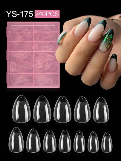 240pcs Pre-Shaped Matte Almond Acrylic Nail Stickers, Full Coverage Gel Nail Stickers, Square Clear Gel Press-On Fake Nails, Suitable For Nail Extension And DIY Manicure At Home
